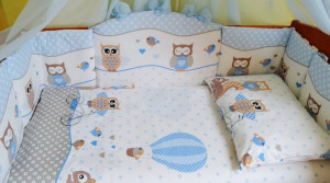 Детское постельное белье ASIK Совы, серо-голубой, постельный комплект в детскую кроватку: 8 элементов