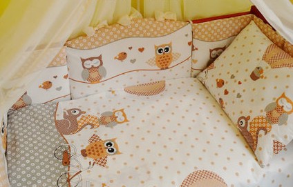 Детское постельное белье ASIK Совы, серо-коричневый, постельный комплект в детскую кроватку: 8 элементов