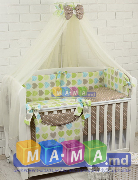 Комплект постельного белья ASIK, (салатовый + голубой + коричневый), Сердечки с горошком: 8 элементов