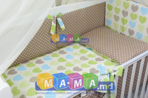 Комплект постельного белья ASIK, (салатовый + голубой + коричневый), Сердечки с горошком: 8 элементов