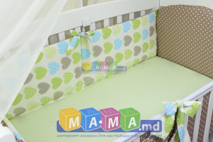 Комплект постельного белья ASIK, (салатовый + голубой + коричневый), Сердечки с горошком: 8 элементов