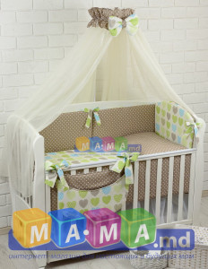 Комплект постельного белья ASIK, (салатовый + голубой + коричневый), Сердечки с горошком: 8 элементов