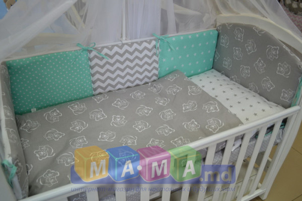 Комплект детского постельного ASIK Мишки на сером горошек/звезды, мятный: 8 элементов