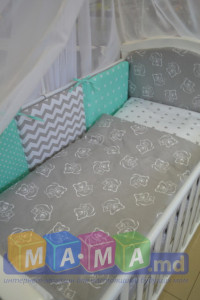 Комплект детского постельного ASIK Мишки на сером горошек/звезды, мятный: 8 элементов