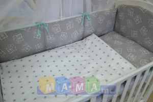 Комплект детского постельного ASIK Мишки на сером горошек/звезды, мятный: 8 элементов