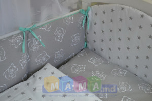 Комплект детского постельного ASIK Мишки на сером горошек/звезды, мятный: 8 элементов