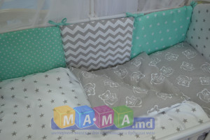 Комплект детского постельного ASIK Мишки на сером горошек/звезды, мятный: 8 элементов