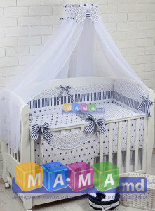 Комплект постельного ASIK Звезды с полоской, синий на белом фоне: 8 элементов