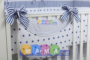 Комплект постельного ASIK Звезды с полоской, синий на белом фоне: 8 элементов