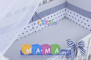 Комплект постельного ASIK Звезды с полоской, синий на белом фоне: 8 элементов