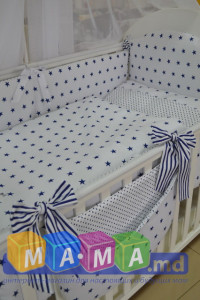 Комплект постельного ASIK Звезды с полоской, синий на белом фоне: 8 элементов