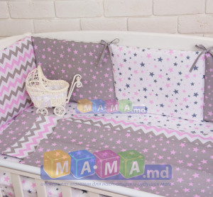 Борт защитный на кроватку ASIK Зигзаги и звезды, серо-розовый