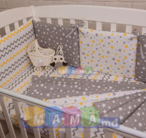 Борт защитный на кроватку ASIK Зигзаги и звезды, серо-желтый