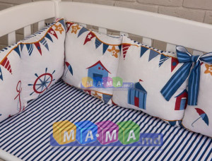 Борт защитный на кроватку с простынью ASIK Домик на берегу, цв.78 синяя полоска на белом