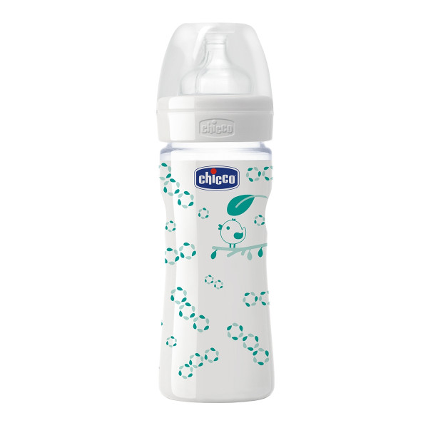 Бутылочка стеклянная для кормления Chicco с рисунком, соска силикон, 240 мл 
