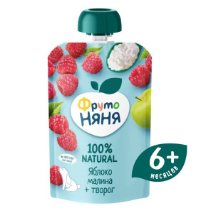 Пюре ФрутоНяня Яблоко-малина с творогом, 6m+, 90гр