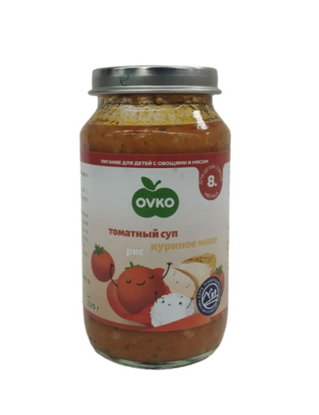 Пюре OVKO Томатный суп-курица-рис, 8m+, 220гр