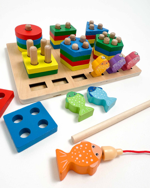 Игровой набор Сортер Геометрические фигуры, с рыбалкой, деревянный