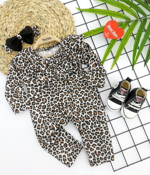 Комбинезон для девочки MuratBaby Леопард, с повязкой, хлопок, 1-12 м