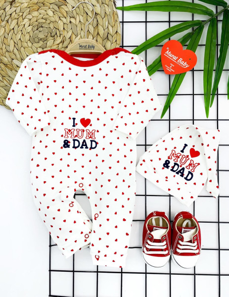 Комбинезон детский MuratBaby I love mam&dad Сердечки, с шапкой, хлопок, 1-12 м