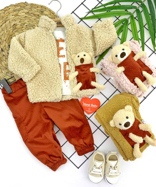 Комплект одежды для девочки MuratBaby Мишка игрушка, 3 элемента, шерпа/вельвет, 6-24 м
