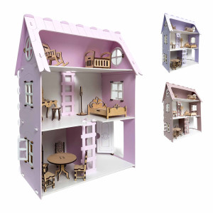 Домик кукольный DaVa Трехэтажный, с мебелью, деревянный