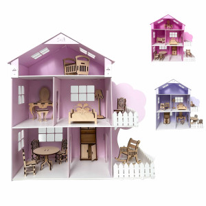 Домик кукольный DaVa Трехэтажный с забором, с мебелью, деревянный