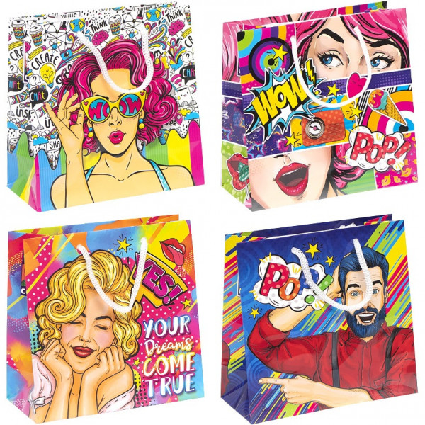 Пакет подарочный 1841-1844 Поп-арт, глянцевый, квадратный, 16 х 16 х 7 см