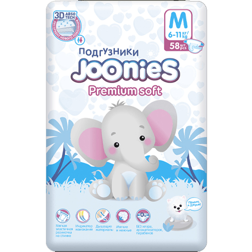 Подгузники Joonies Premium Soft M (6-11кг), 58 шт.