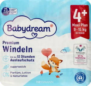 Подгузники Babydream Windeln Premium Maxi Plus №4+ (9-15 кг), 36 шт.
