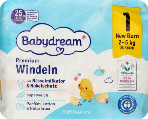 Подгузники Babydream Windeln Premium Newborn №1 (2-5 кг), 26 шт.