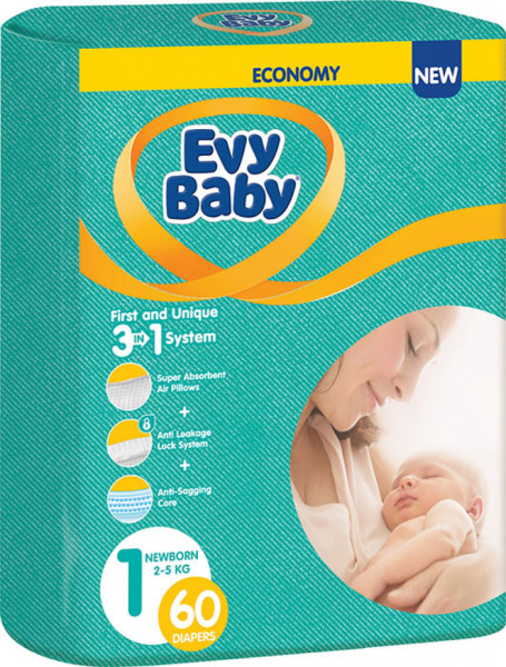 Подгузники Evy Baby Newborn №1 (2-5 кг), 60 шт.