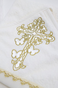 Полотенце - уголок махровое Ramel 366 Крест/бабочки, крыжма для крещения, хлопок, 100х100см