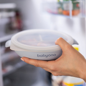 Тарелка силиконовая BabyOno на присоске, 3 секции, с крышечкой